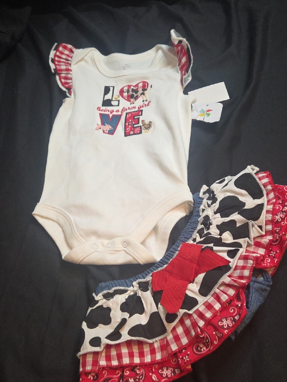 Cream Baby Onesie with Red Gingham & Farm-Themed Ruffle Skirt